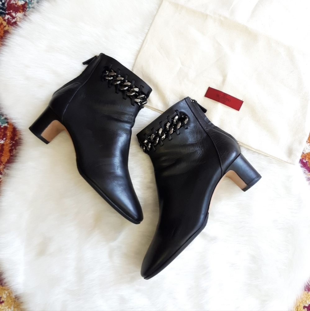 Valentino | Whipstitch Chain Block Heel Ankle Boot - Black Leather Shoes 40